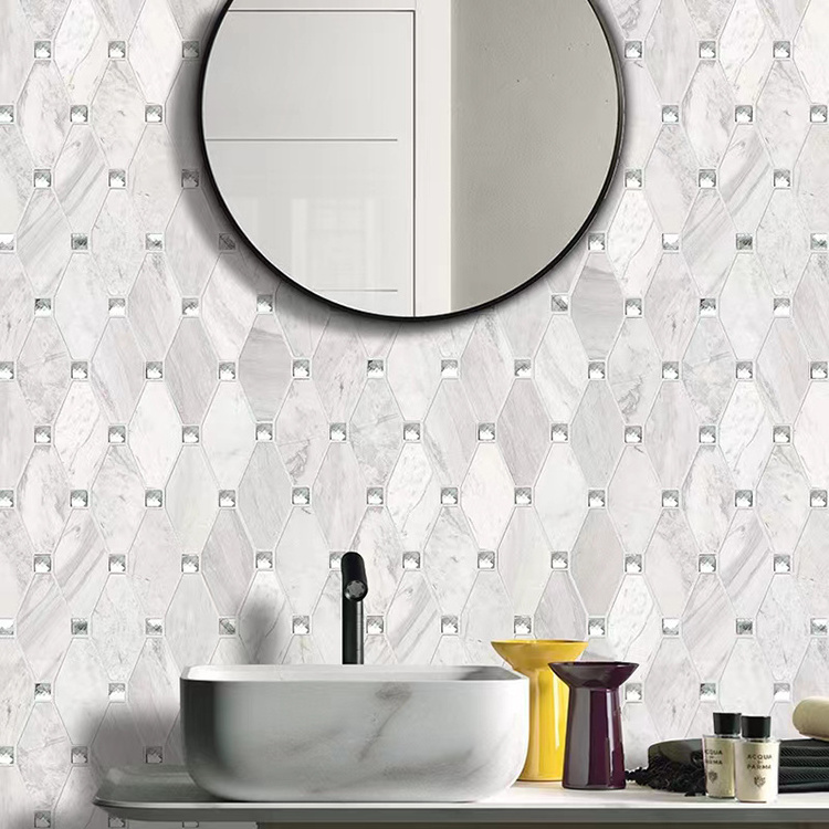 Water jet white mosaic bathroom floor tiles diamond mirror crystal glass marble backsplash kitchen tiles mosaic