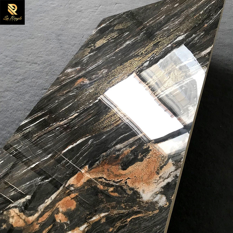 Springletile luxury guest bathroom non-slip indoor black gold glitter marble decorative polished glazed tile