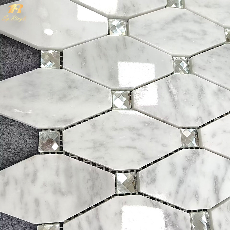 Water jet white mosaic bathroom floor tiles diamond mirror crystal glass marble backsplash kitchen tiles mosaic