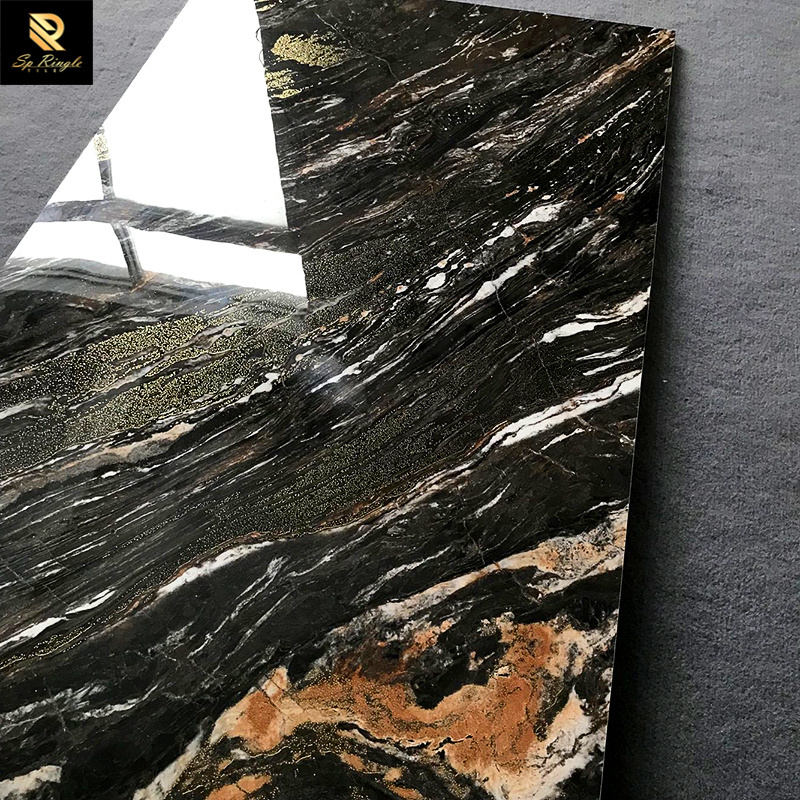 Springletile luxury guest bathroom non-slip indoor black gold glitter marble decorative polished glazed tile