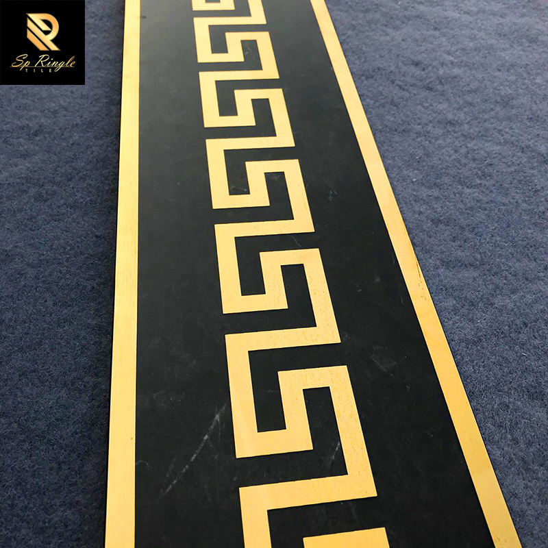 Springletile black ceramic gold greek mirror polish border tile decorative lines wall marble flooring border hotel tile