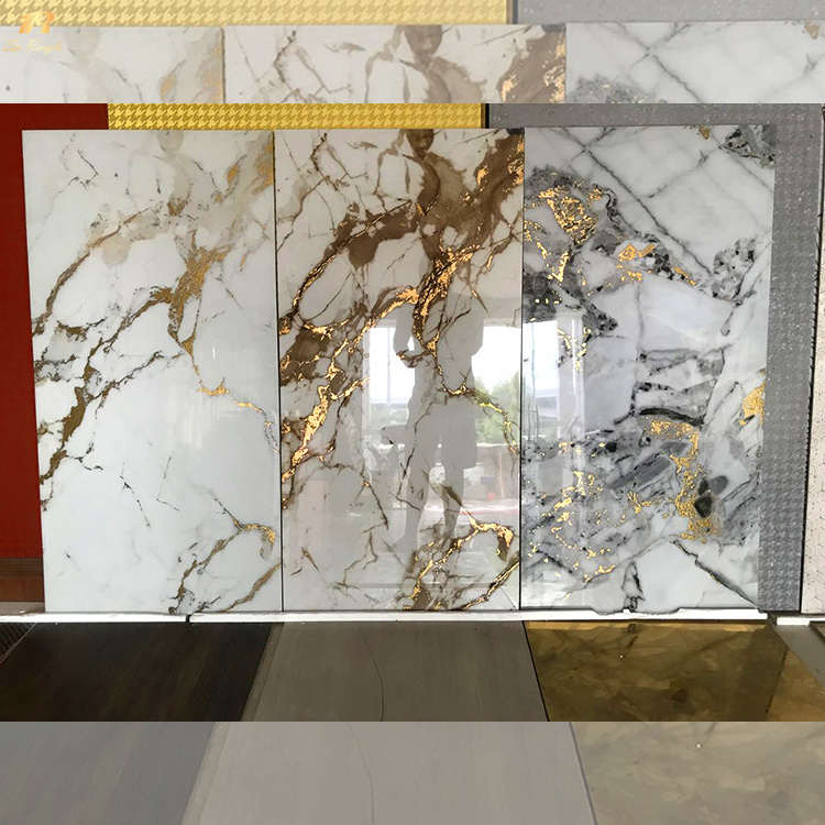 House glossy white golden Foshan marble tile vitrified interior walls click and lock gold vein ceramic Carara floor marble tile