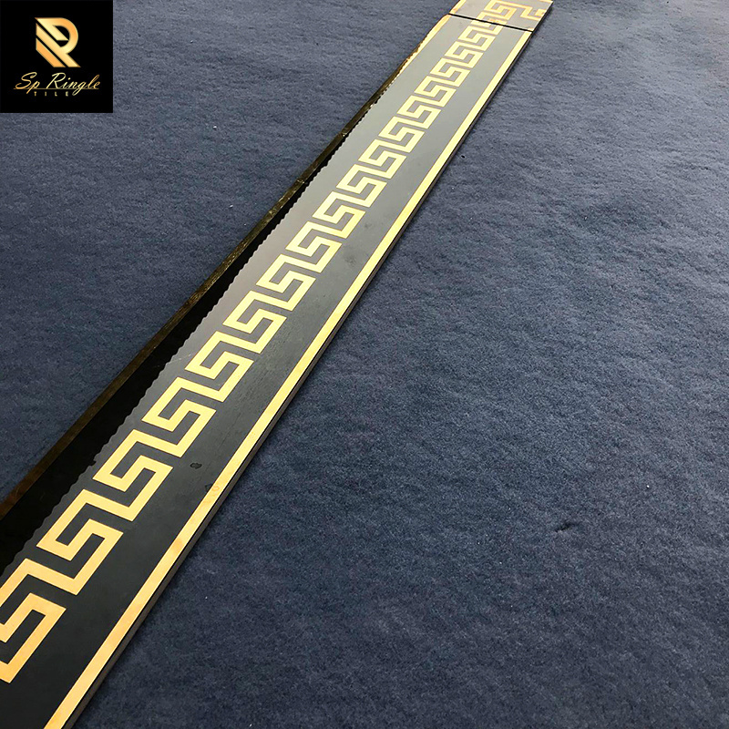 Springletile black ceramic gold greek mirror polish border tile decorative lines wall marble flooring border hotel tile