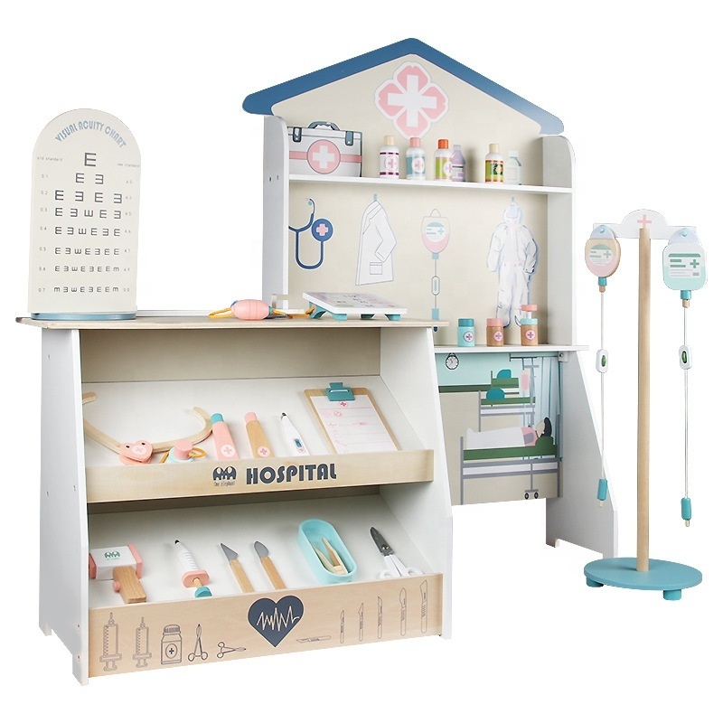 Wooden Play House Toy Wooden Hospital Set Children's Simulation Toy Wooden Little Doctor Nurse Play Set Kids Experience Store