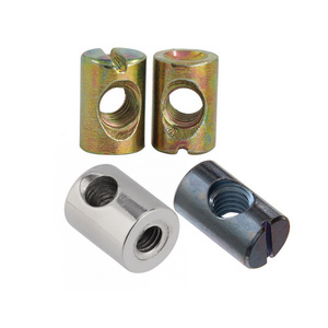 China supplier OEM furniture bunkbed barrel 2 hole cross dowel nuts slotted m3 m6 m10 m12 brass barrel nut and bolts