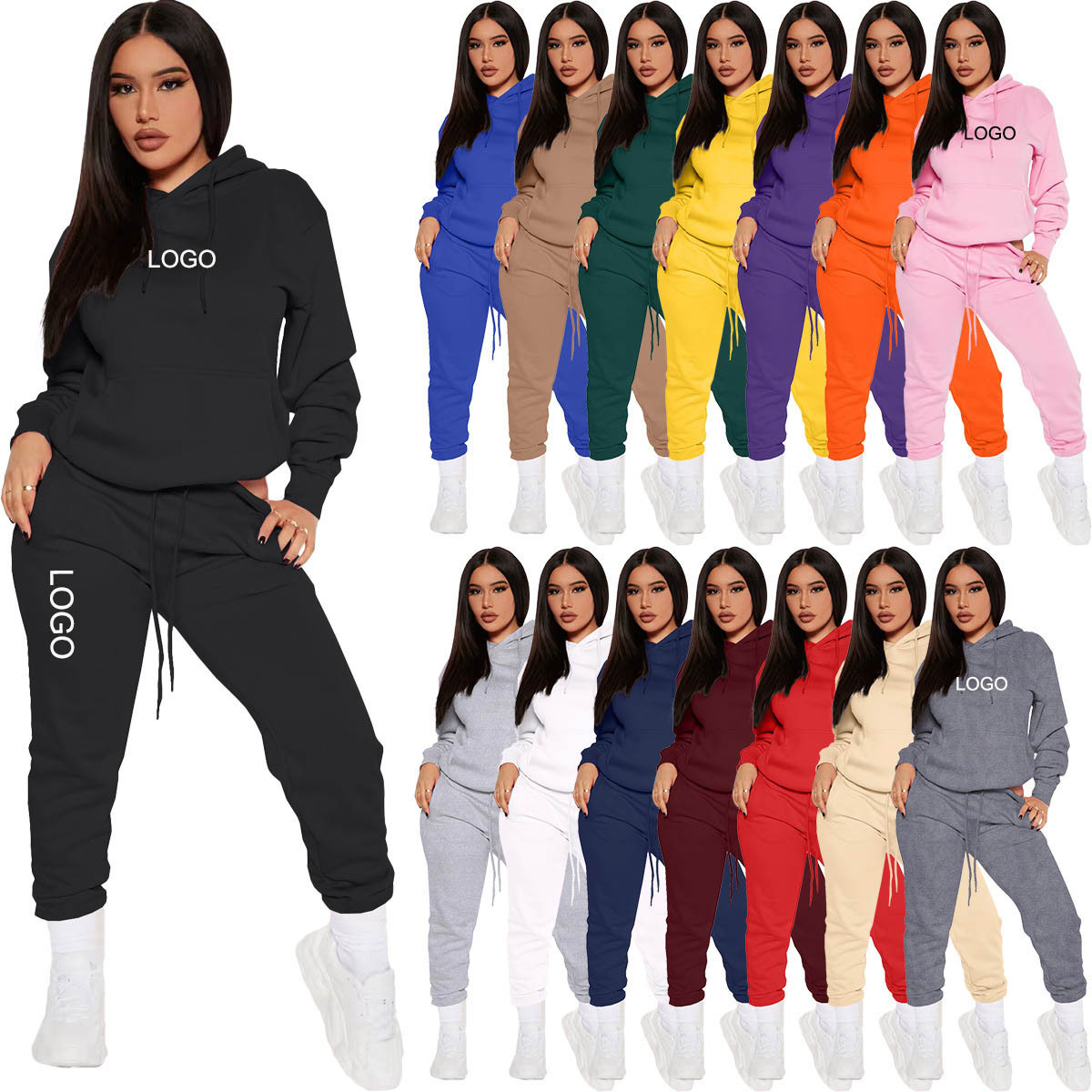 S-3XL Polyester Winter Fleece Women Sportswear Tracksuit Plain Two Piece Hoodie Jogger Pant Set Sweatsuit Tracksuit for Printing