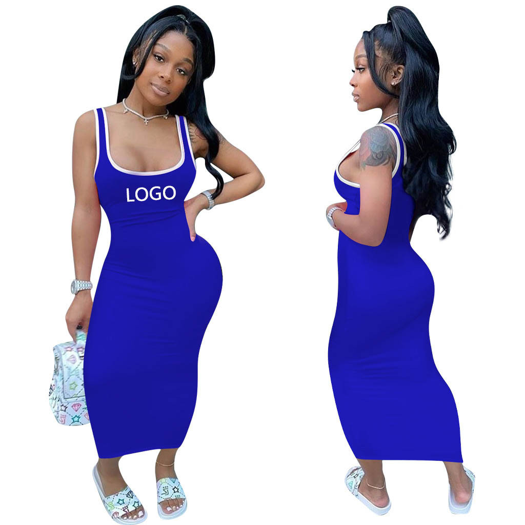 Custom logo Long dresses women maxi casual Solid stitching woman dress wholesale Bodycon sleeveless plain dresses