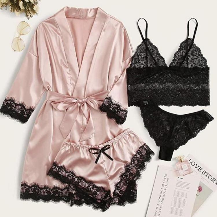 Sexy nighty sexy lingerie women silki Robe Sleepwear Sleeping Robes 4 pieces set valentine's day lingerie vendor for lingerie