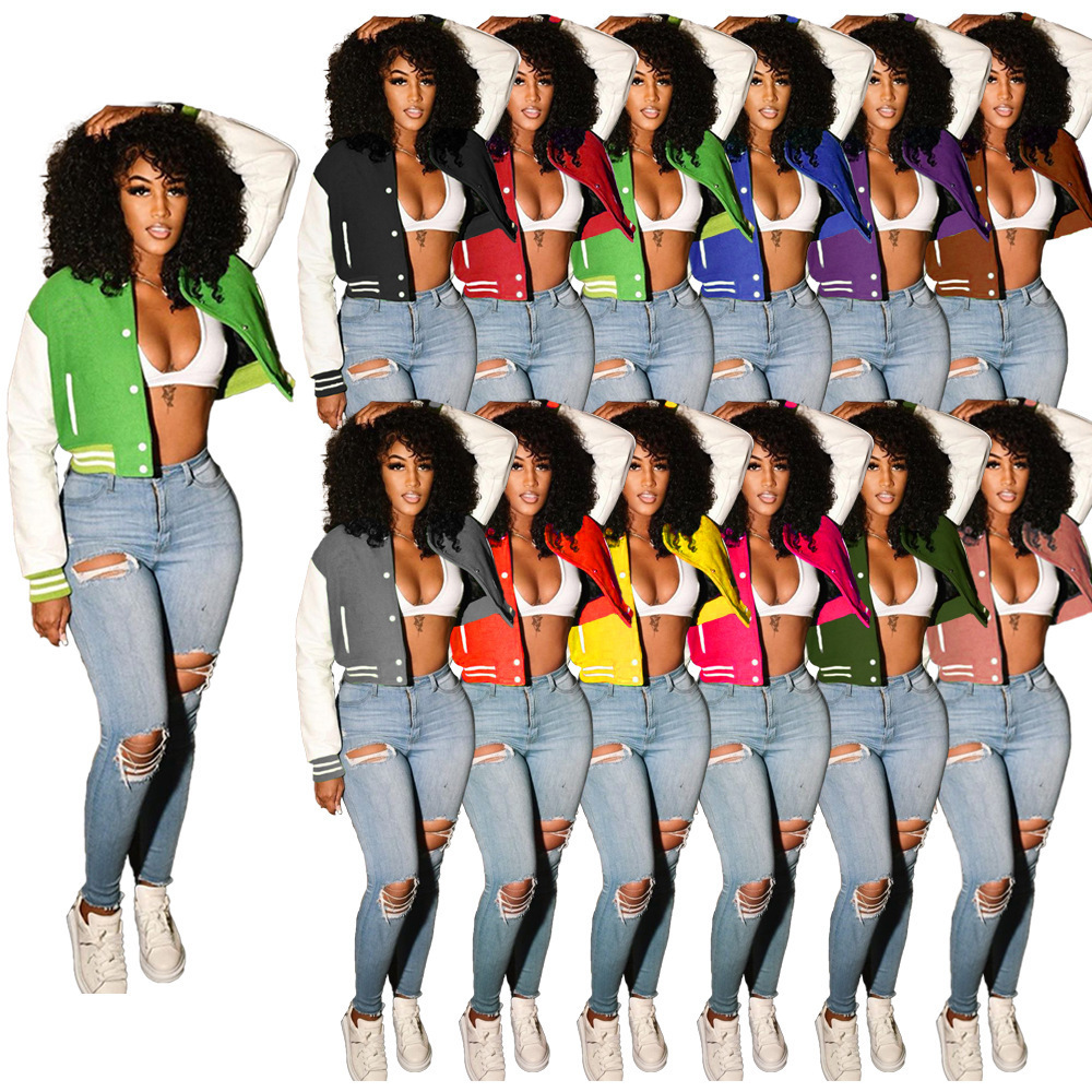 custom plus size patchwork outdoor winter jacket clothing cardigan crop top baseball varsity jacket for women 2021