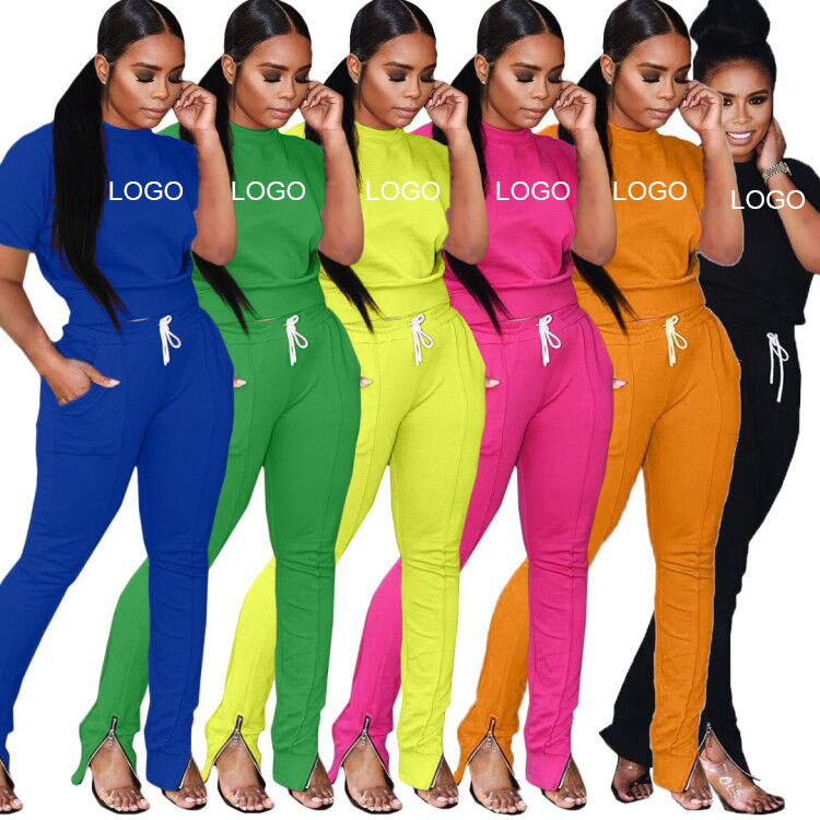 Custom 2020 Plain Short Sleeves Sweat Suits Fashion Women Joggers Suits Sets Polyester Feet Zip Training Jogging Wear for Women