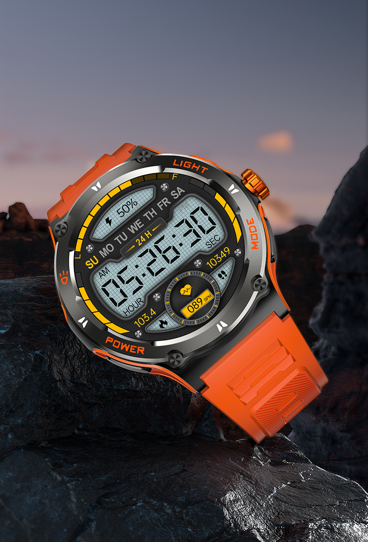 2024 hot sale outdoor KT76 Smart watch 500mAh Big Battery Compass Strong Light Flashlight 3ATM Waterproof BT Smartwatch for Men