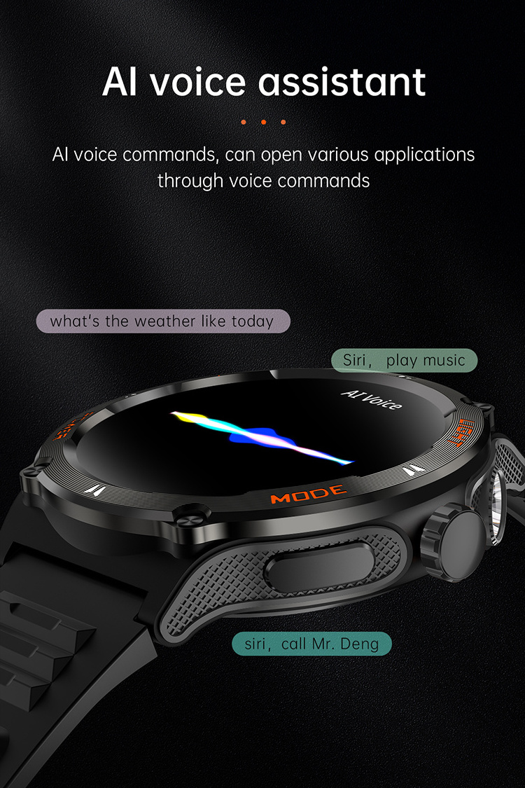 2024 hot sale outdoor KT76 Smart watch 500mAh Big Battery Compass Strong Light Flashlight 3ATM Waterproof BT Smartwatch for Men