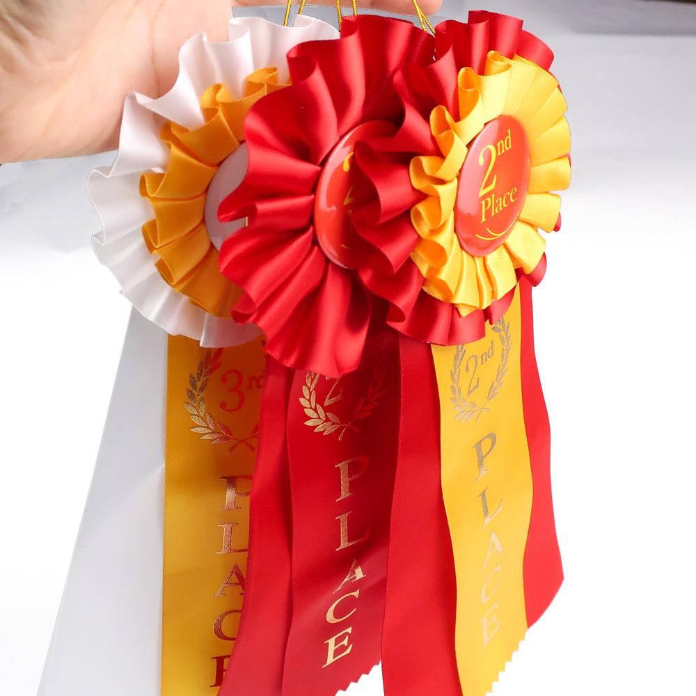 Wholesale decoration fabric rosette ribbon award badge custom logo printed polyester satin ribbon