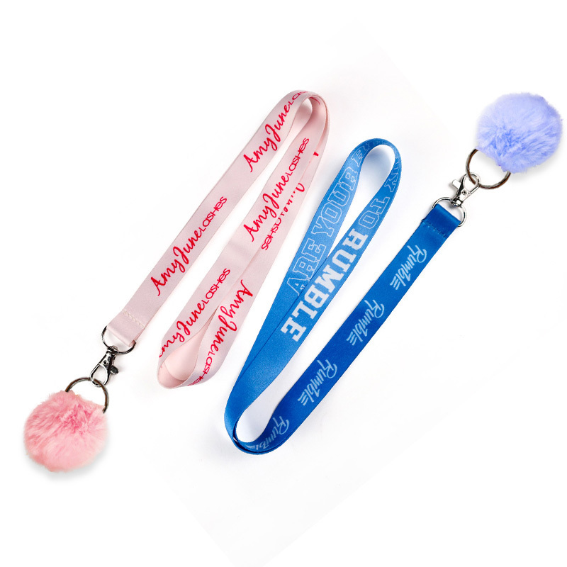 Custom lanyards accessories key chain printed polyester lanyard with pompom ball