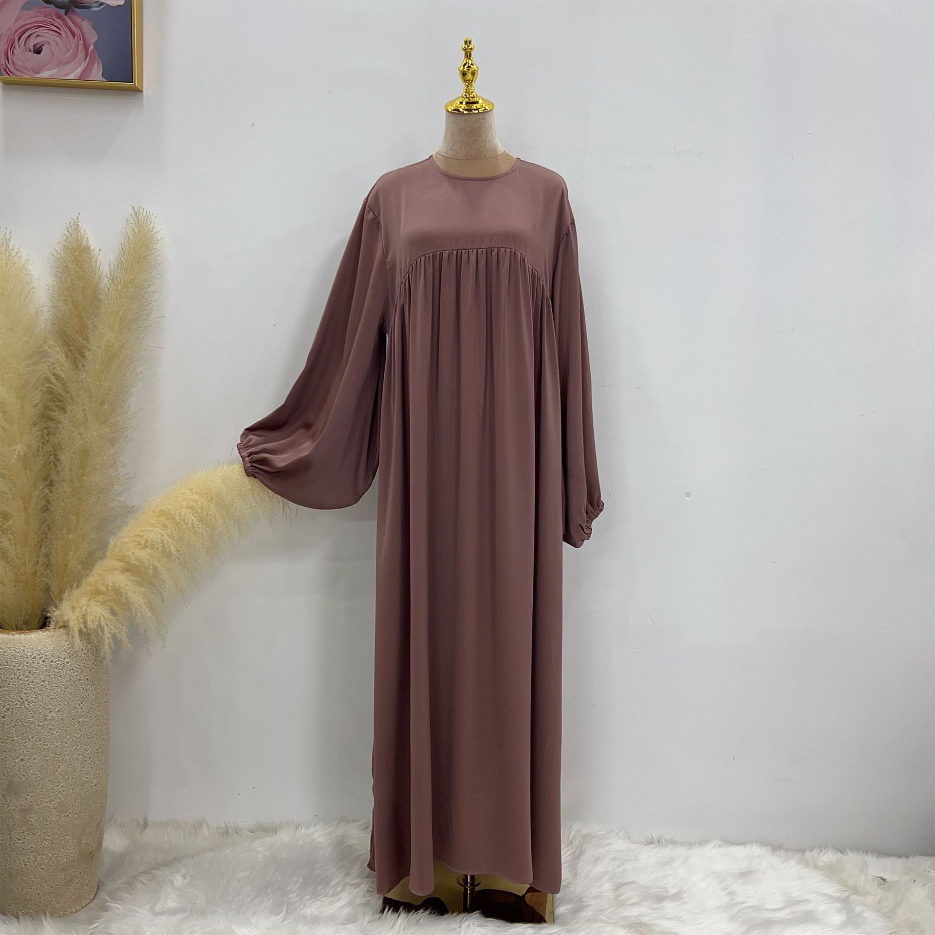 Wholesale High Quality Dubai Solid Color Modest Abaya Plus Size Muslim Women Dress Kaftan Puff Sleeve Velvet Satin Casual Abaya