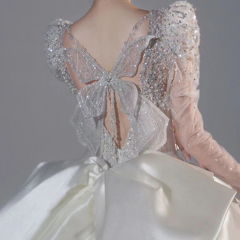 SUNNY Large Size Tail Long Sleeves Senior Sense Luxury Wedding Dresses With Flowers