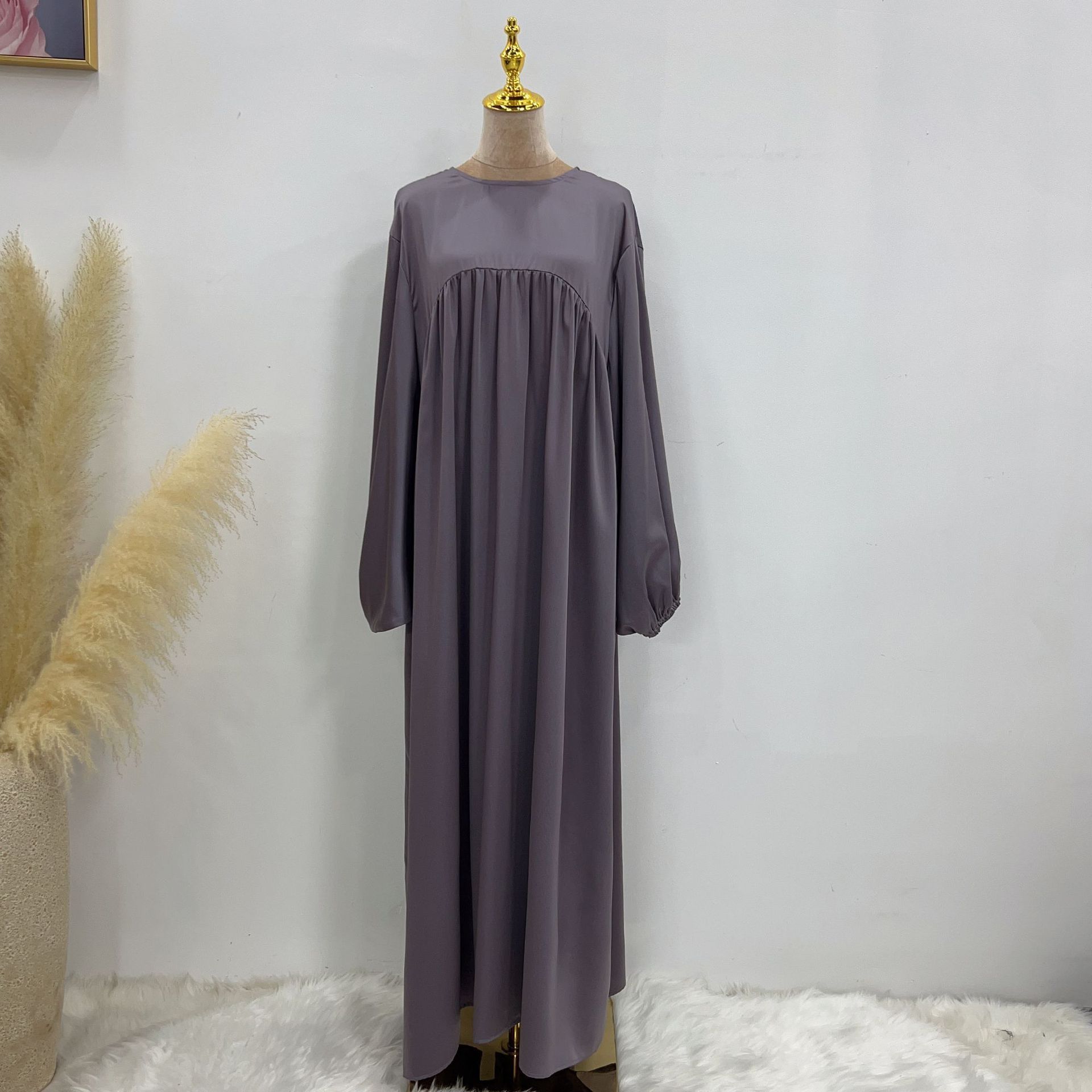 Wholesale High Quality Dubai Solid Color Modest Abaya Plus Size Muslim Women Dress Kaftan Puff Sleeve Velvet Satin Casual Abaya