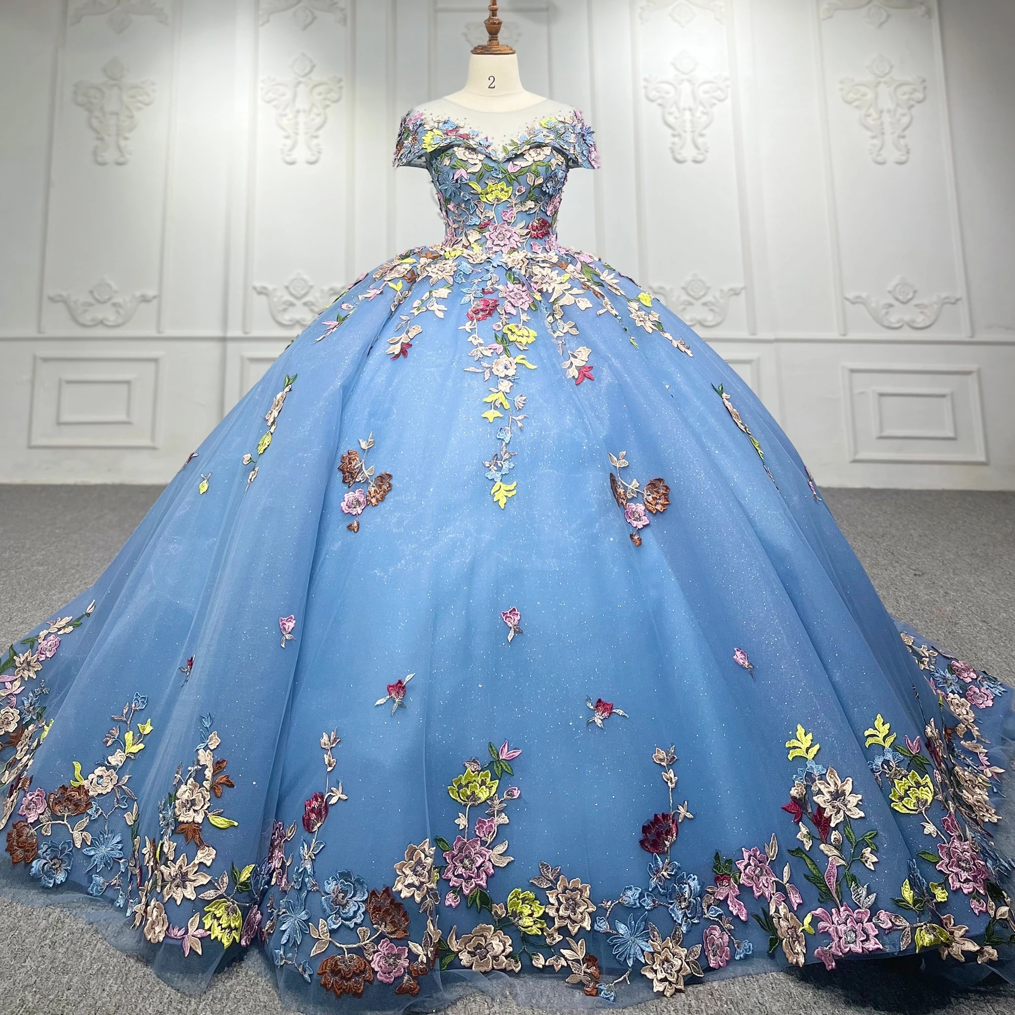 Blue Sleeveless O-Neck Quinceanera Dresses Flowers Shiny Ball Gown