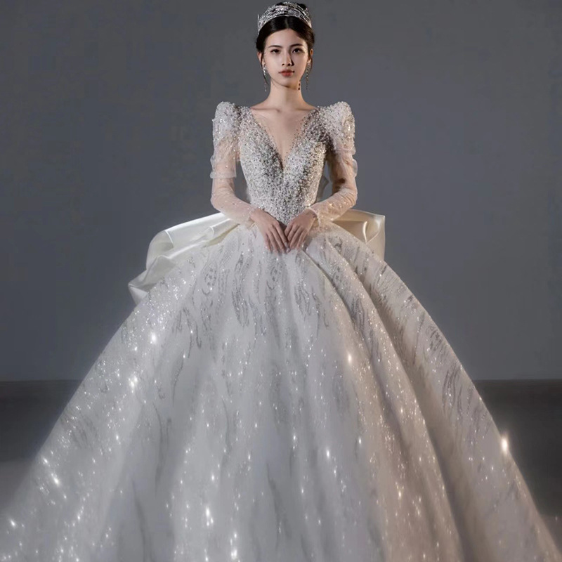 SUNNY Large Size Tail Long Sleeves Senior Sense Luxury Wedding Dresses With Flowers