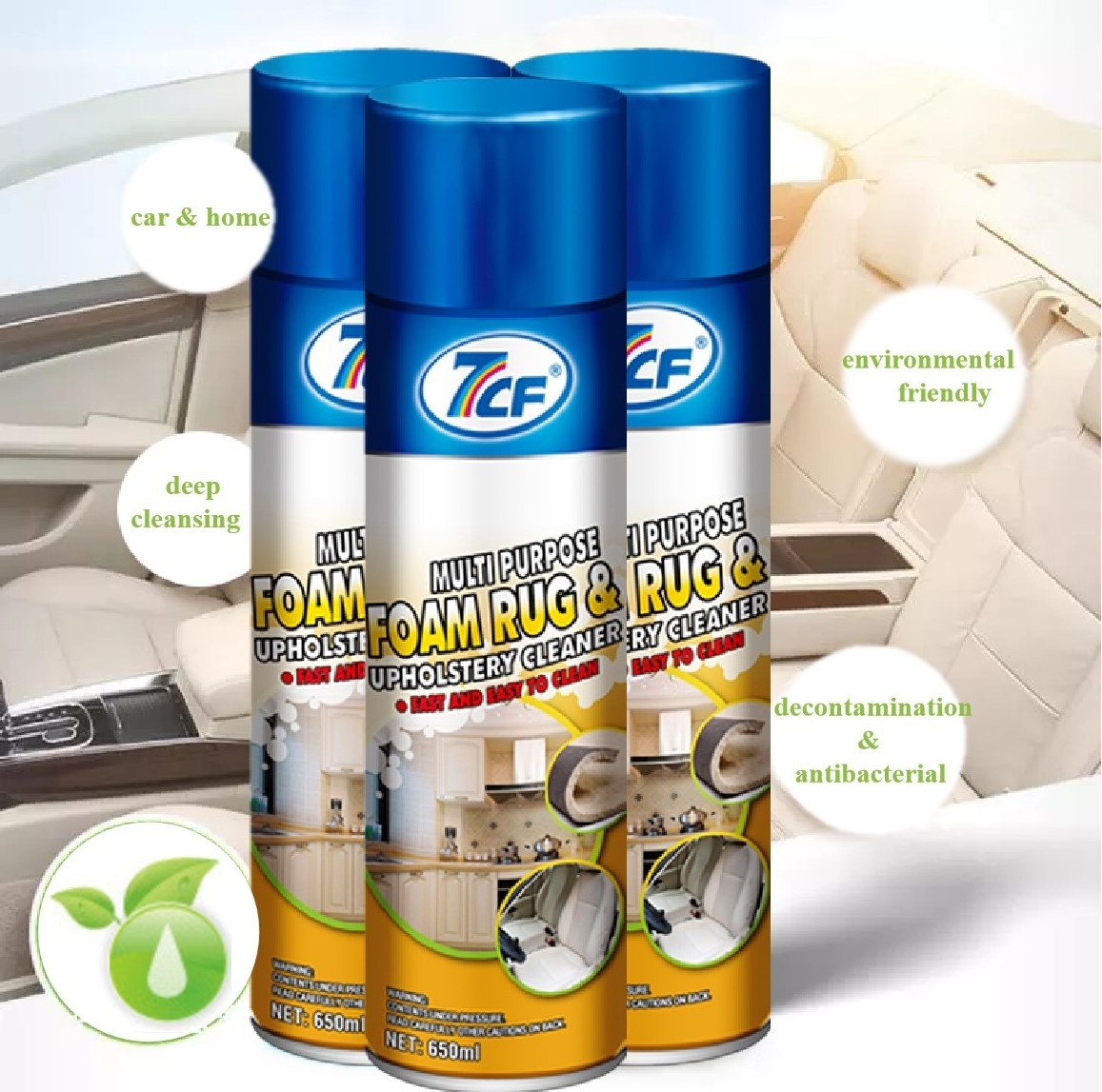 7CF 650ml Car Care Leather Interior Car Cleaner Multi Purpose Foam Cleaner Spray with Brush