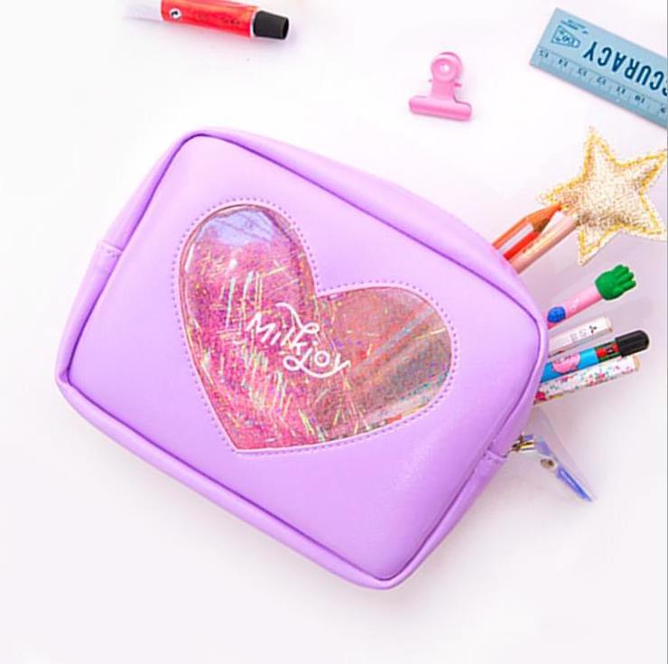 Custom Girls Travel Clutch Purse Transparent Clear Sparkle Heart Window Makeup Bag Holographic Amenity Women Cosmetic Bag