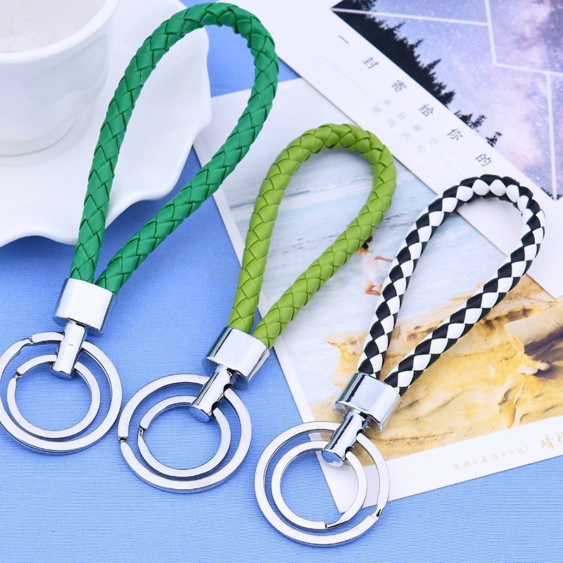 Various color Men Braided make Leather Keychain With double Ring Car braided keychain laser logo available