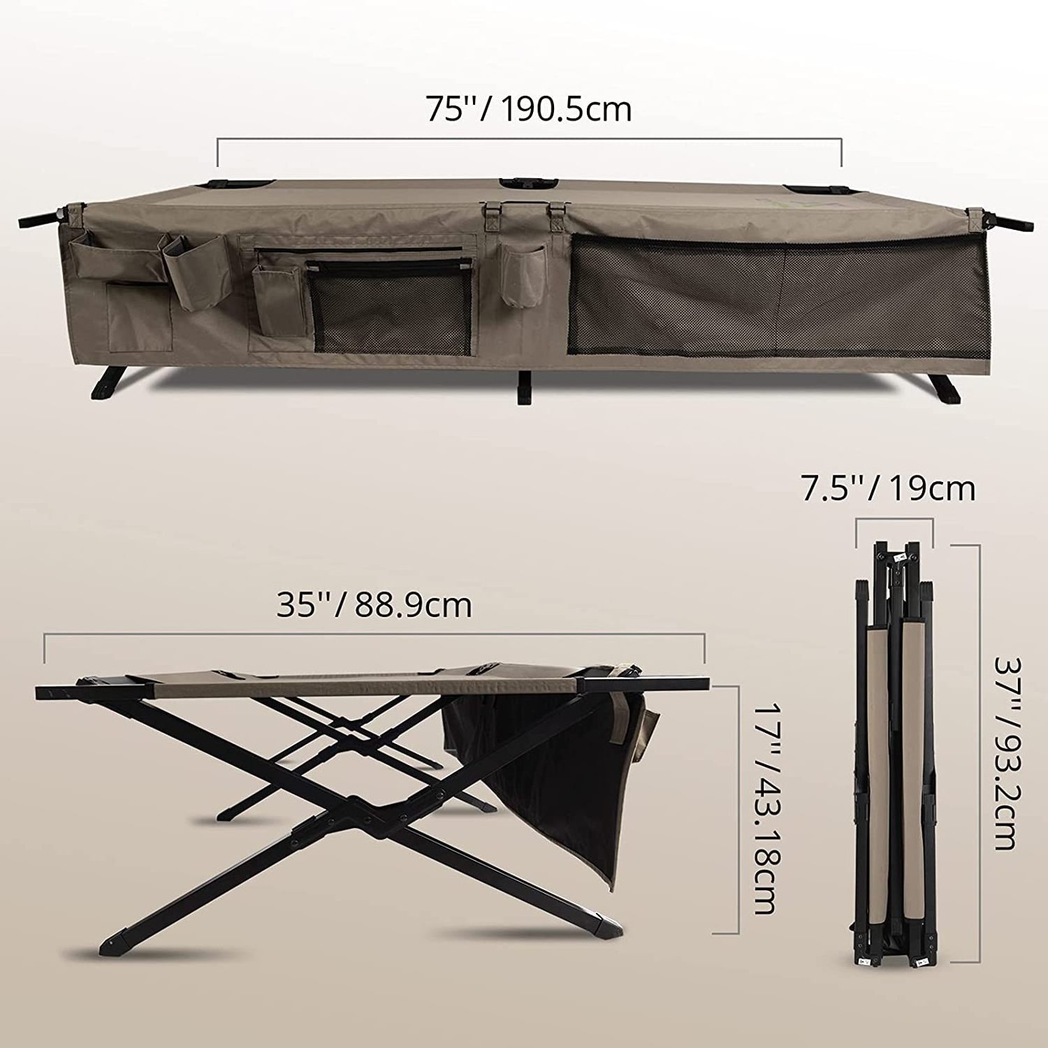 Folding Gray Camping Cot Foldable Camp Camping Bed for Adults with Side Pocket