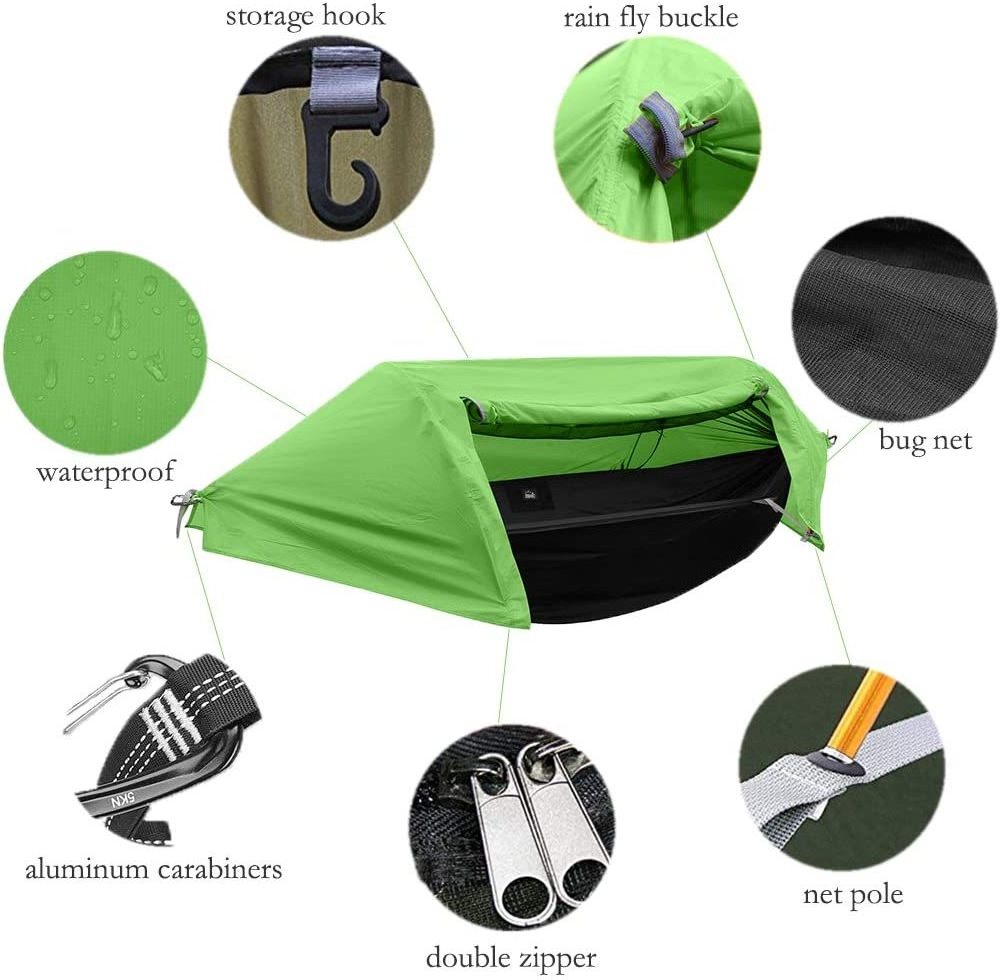 Rainproof Ultralight Outdoor Camping Hammock Portable Double Hammock with Mosquito Bug Net Rain Fly Tarp and Tree Strap