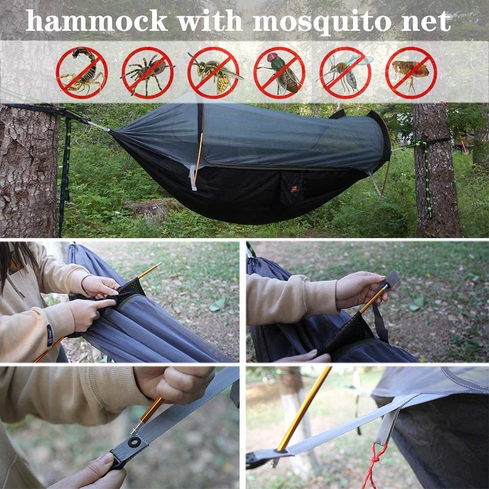 Rainproof Ultralight Outdoor Camping Hammock Portable Double Hammock with Mosquito Bug Net Rain Fly Tarp and Tree Strap