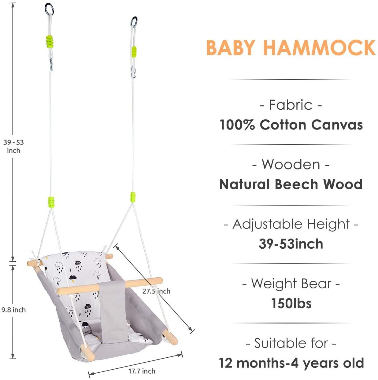 Outdoor Baby Swing Grey Canvas Wood Hanging Toddler Hammock Swing