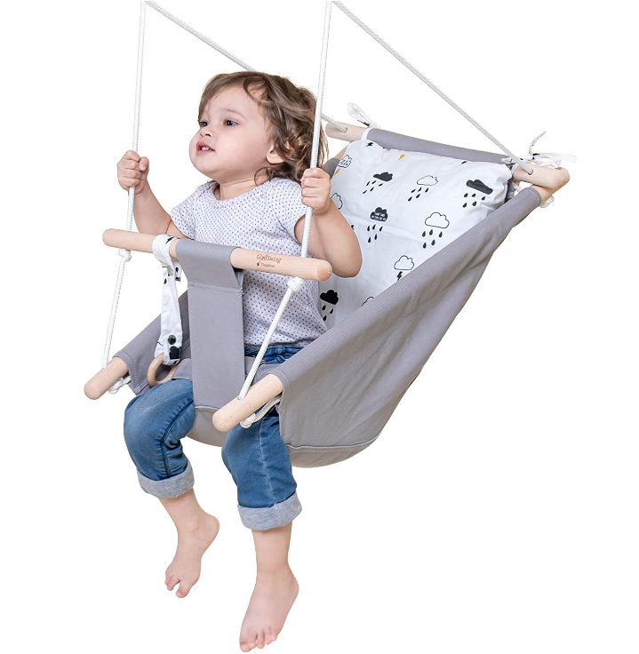 Outdoor Baby Swing Grey Canvas Wood Hanging Toddler Hammock Swing