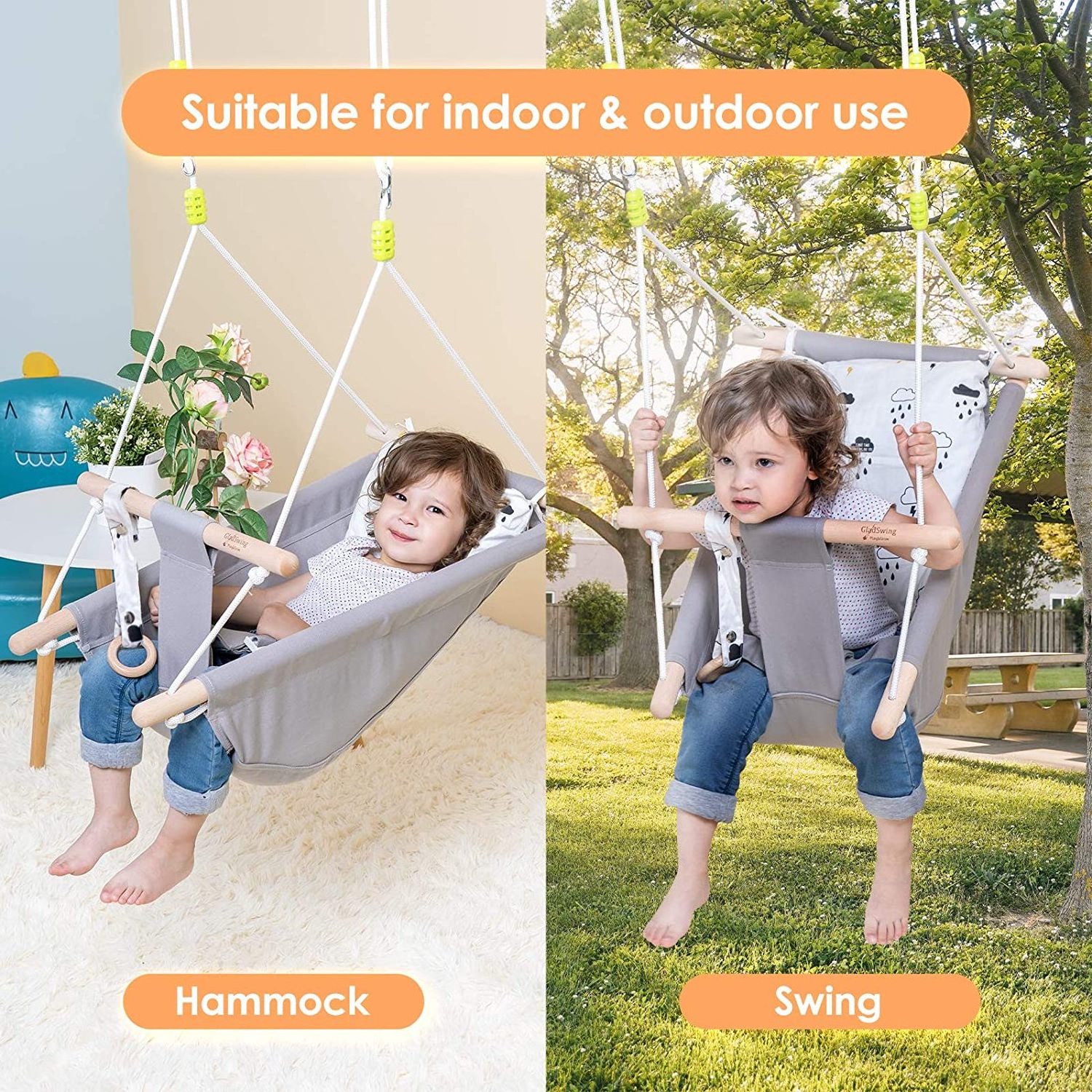 Outdoor Baby Swing Grey Canvas Wood Hanging Toddler Hammock Swing