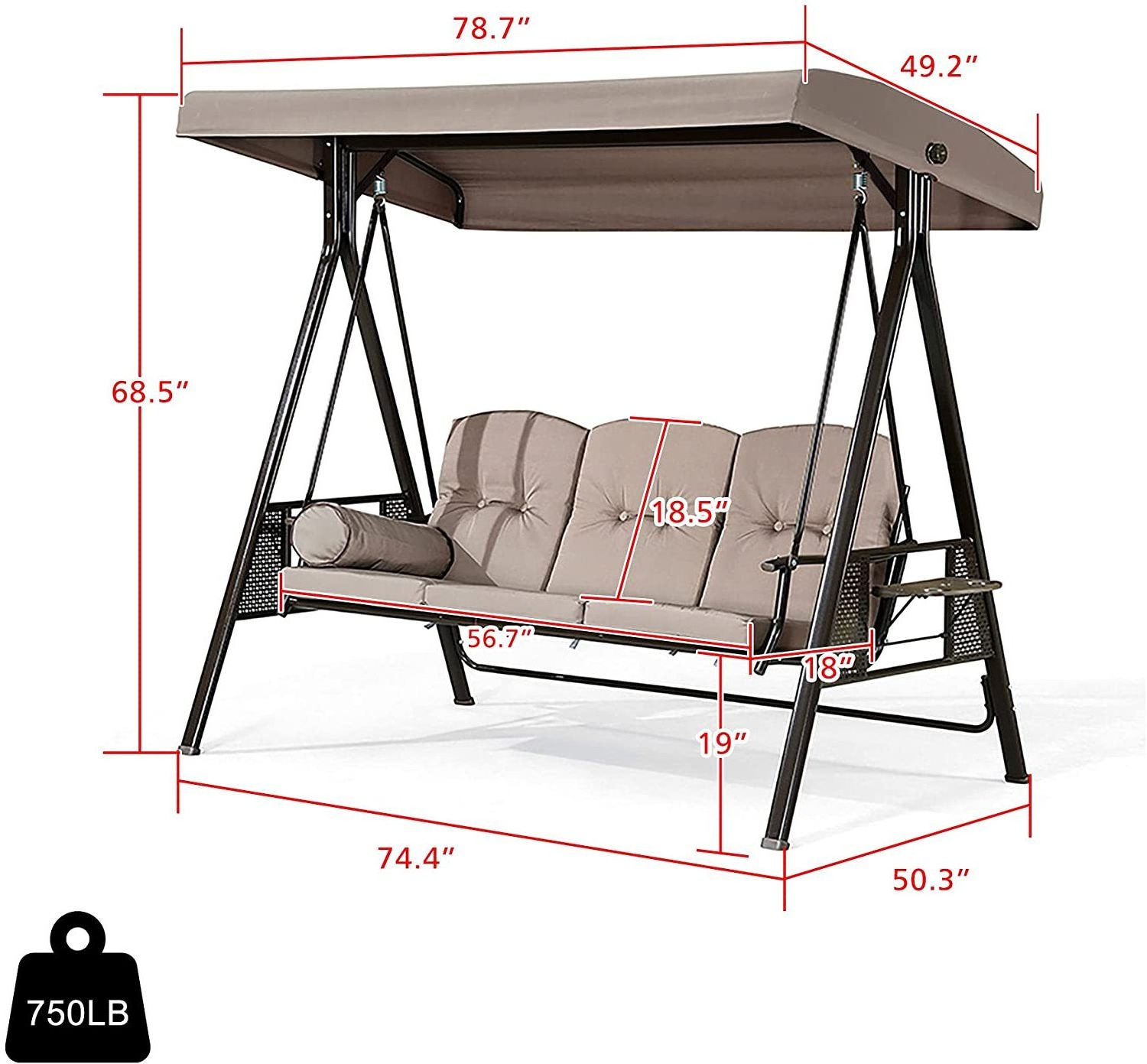 3-Seat Deluxe Outdoor Patio Porch Swing with Canopy