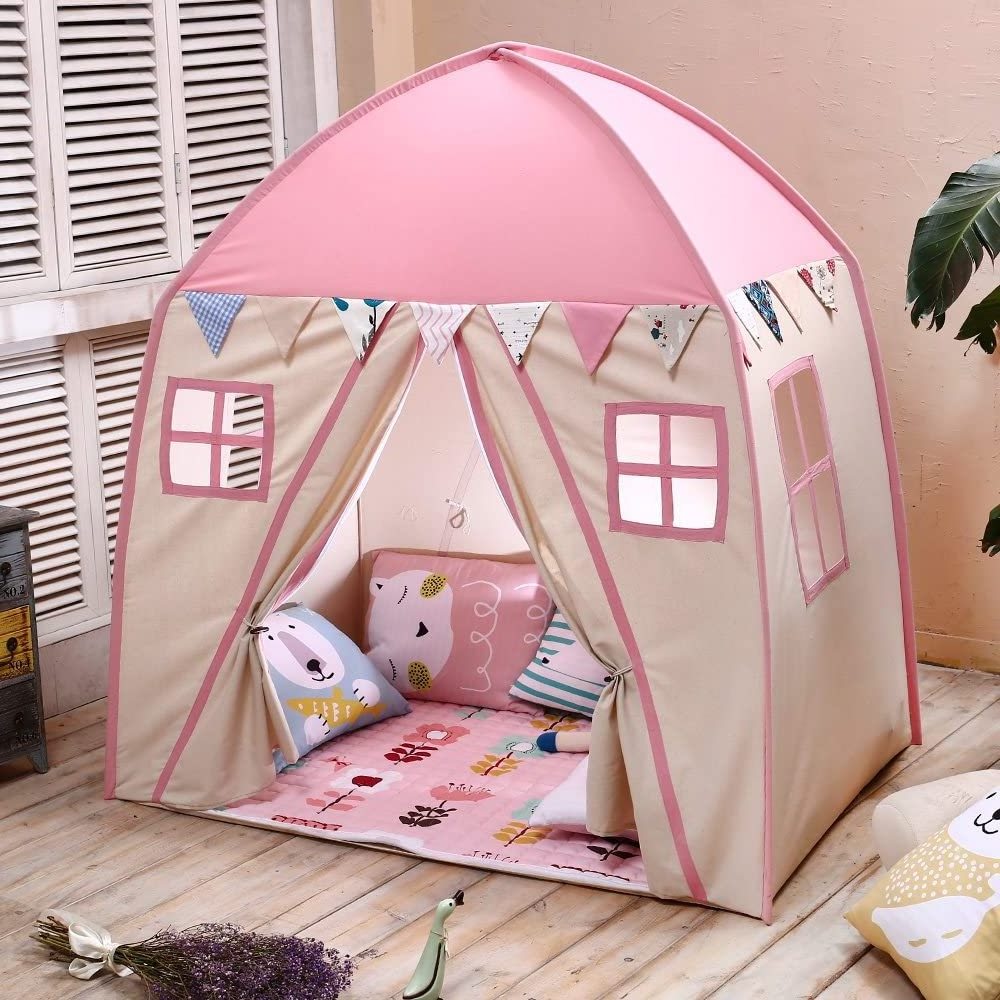 Pink Indoor Outdoor Cotton Kids Tent Play Tent Children Fort Canvas Canopy Portable Playhouse for Girl