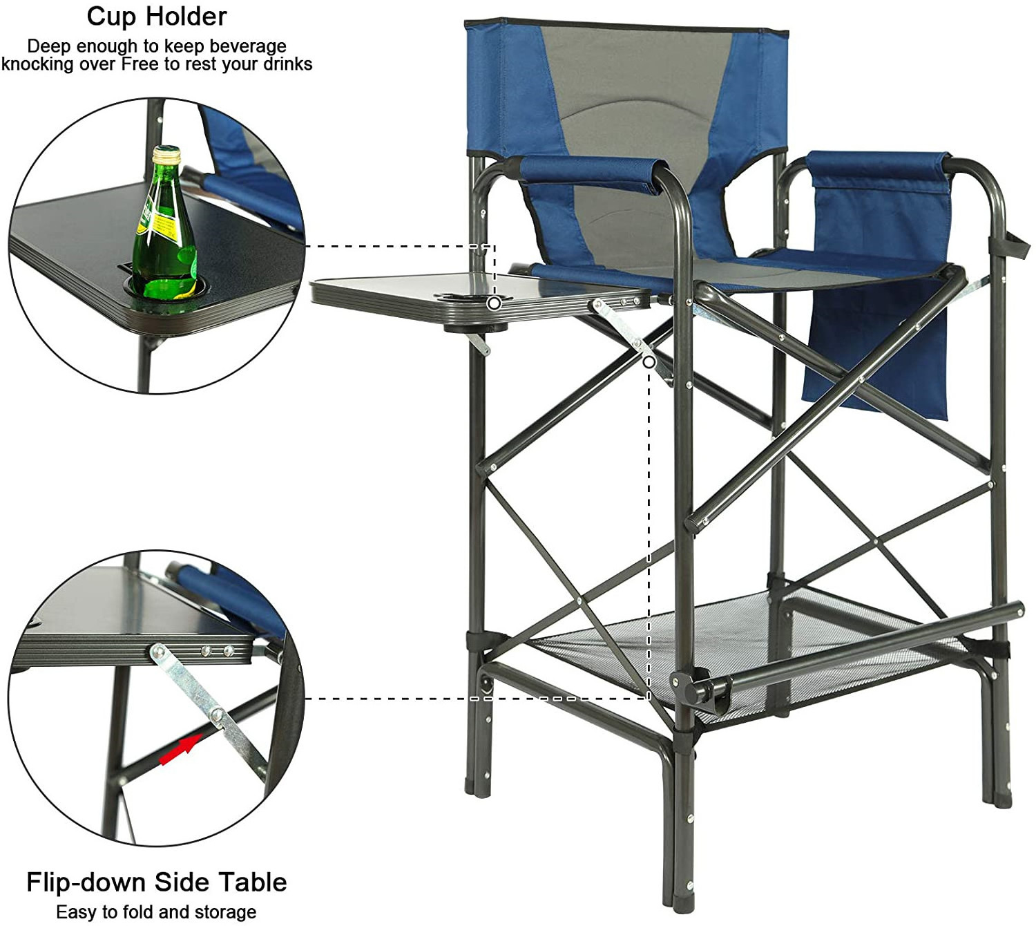 Folding Camping Tall Directors Chair Portable Bar Height Artist Makeup Chair with Side Table and Storage Pocket and  Footrest