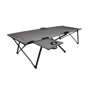 Gray Outdoor Camping Cot with Side Table and Drink Holder