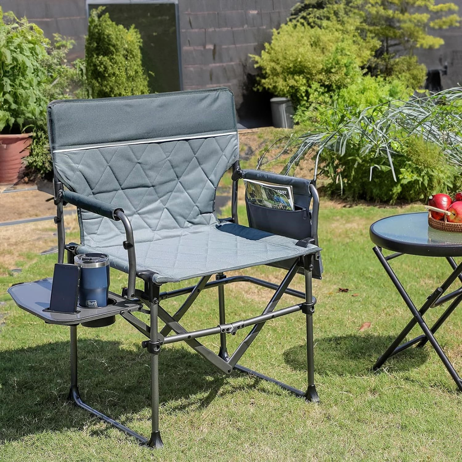 Grey 400LBS Heavy Duty Camping Chairs Portable Directors Chair with Side Table and Pocket for Camping Lawn Sports and Fishing