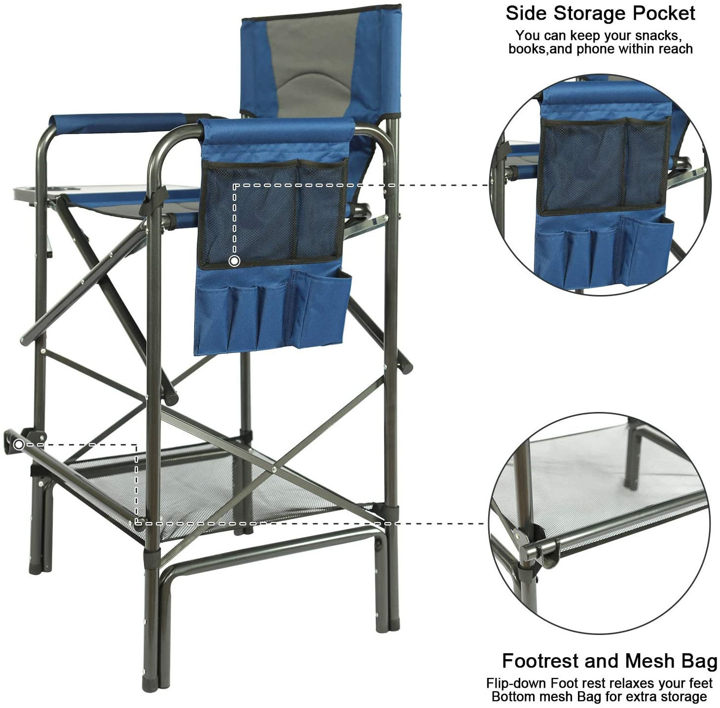 Folding Camping Tall Directors Chair Portable Bar Height Artist Makeup Chair with Side Table and Storage Pocket and  Footrest