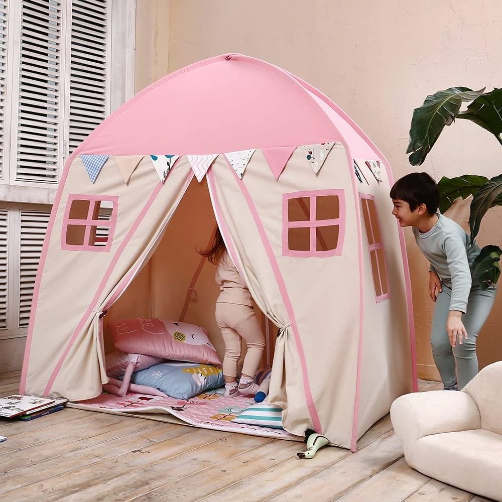 Pink Indoor Outdoor Cotton Kids Tent Play Tent Children Fort Canvas Canopy Portable Playhouse for Girl