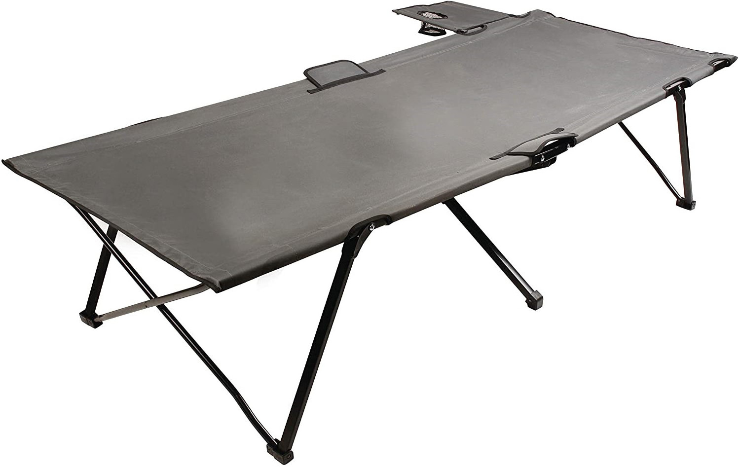 Gray Outdoor Camping Cot with Side Table and Drink Holder