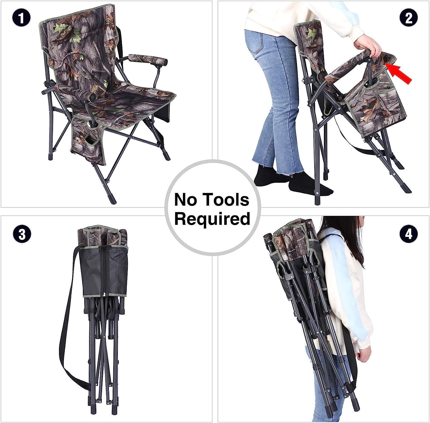 Portable Comfortable Sturdy Steel Folding Camo Camping Chairs Hunting Chair for Ground Blinds with Padded Hard Arms