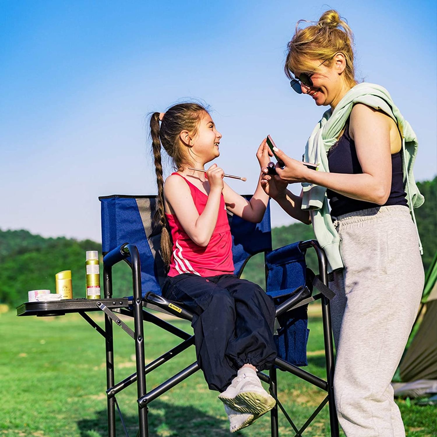 Folding Camping Tall Directors Chair Portable Bar Height Artist Makeup Chair with Side Table and Storage Pocket and  Footrest