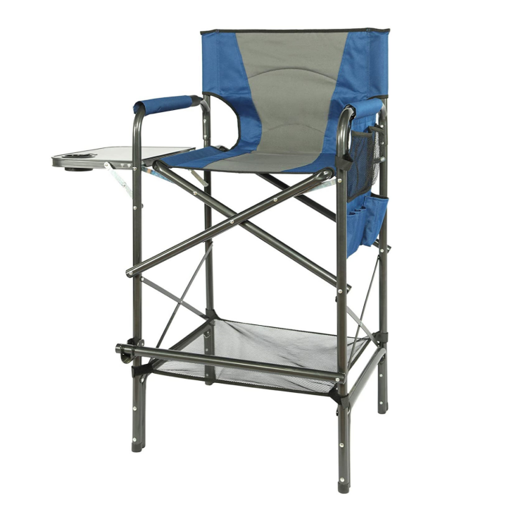 Folding Camping Tall Directors Chair Portable Bar Height Artist Makeup Chair with Side Table and Storage Pocket and  Footrest