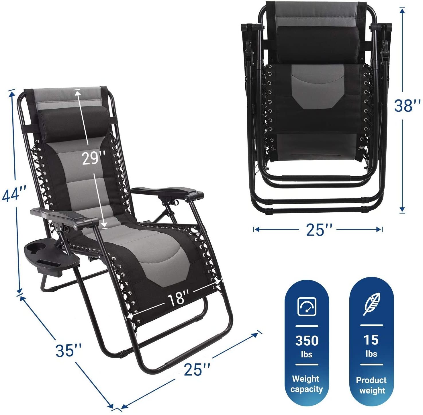 Padded Zero Gravity Chair Adjustable Recliners Reclining Lounge Chair with Pillow Side Table for Patio Lawn