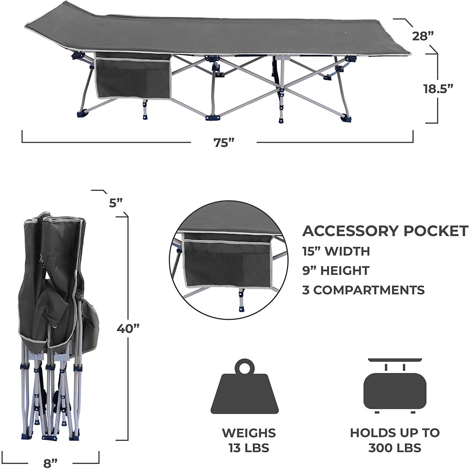 Outdoor Folding Camping Cot with Side Pocket