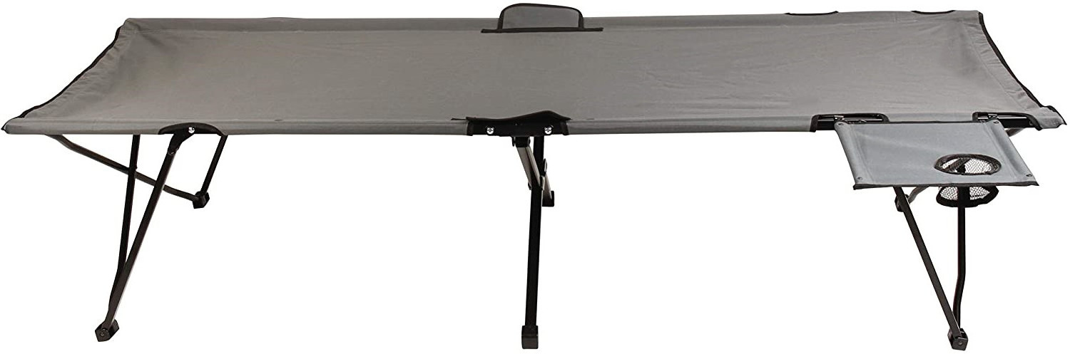 Gray Outdoor Camping Cot with Side Table and Drink Holder