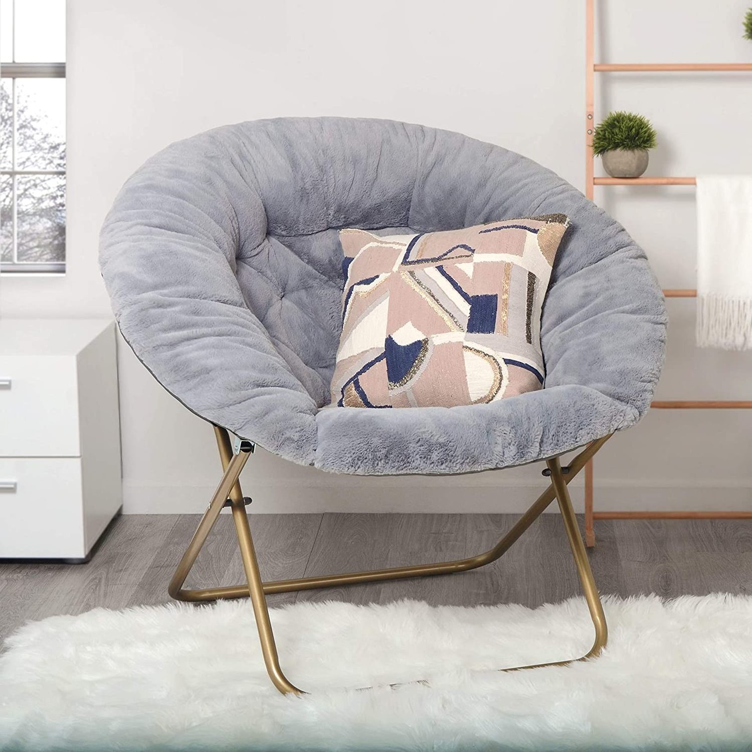 Folding Modern Moon Gray Lazy Sofa Chairs Faux Fur Living Room Foldable Cozy Saucer Chair for Bedroom