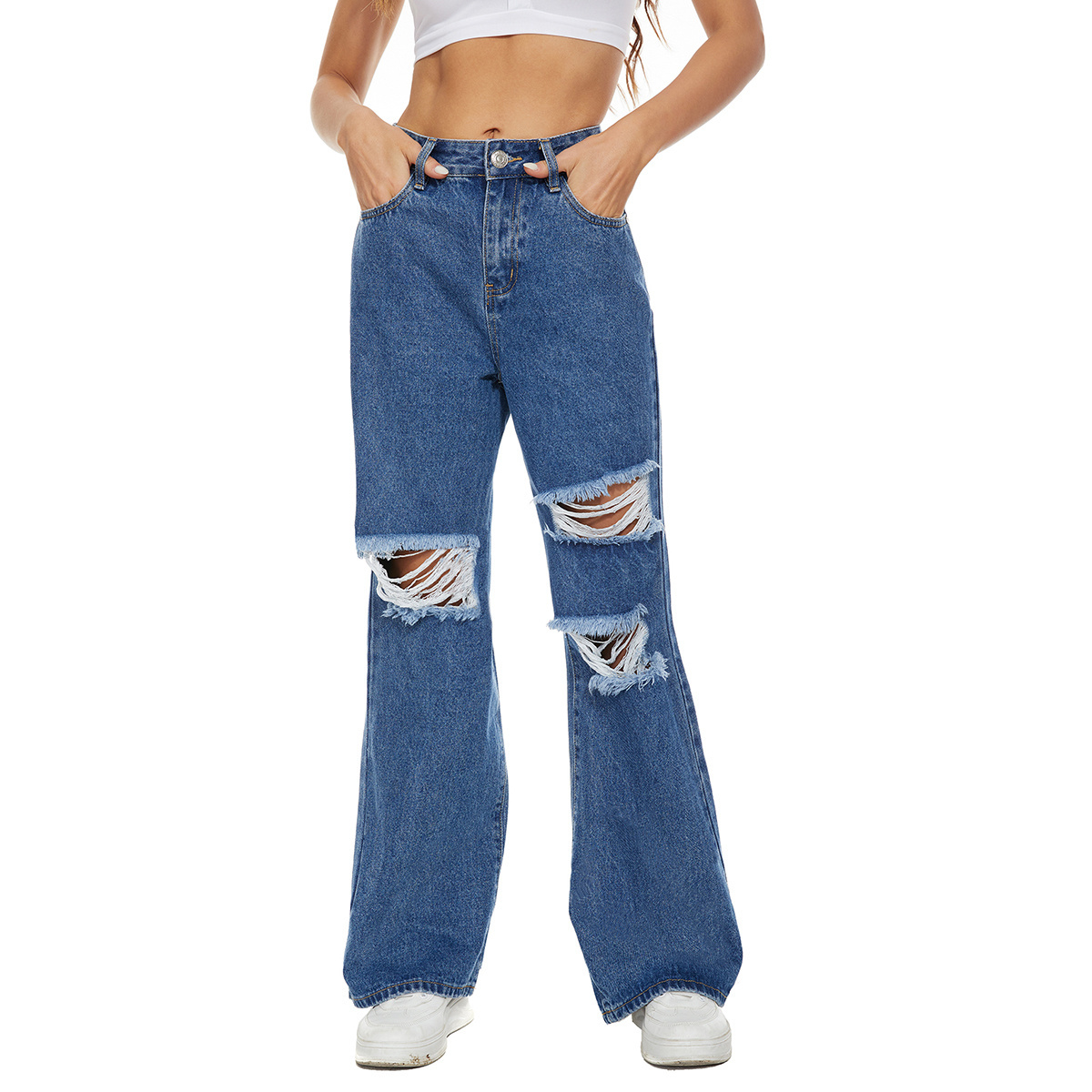 Factory Sale Stone Washed Non Stretch Denim High Waist Ripped Jeans Pants for Women Streetwear Boyfriend Jeans