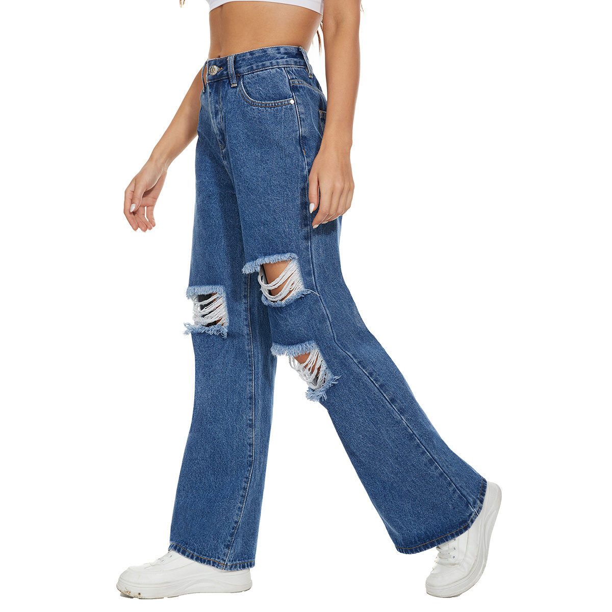 Factory Sale Stone Washed Non Stretch Denim High Waist Ripped Jeans Pants for Women Streetwear Boyfriend Jeans