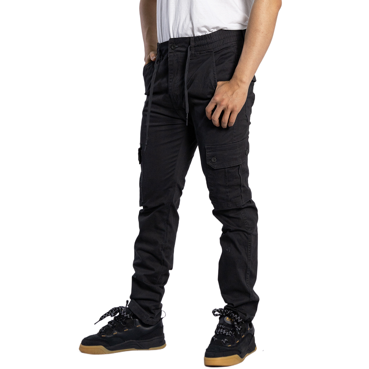 Vintage Black Elastic Waist Cargo Jeans Slim Fit Jogger Pants